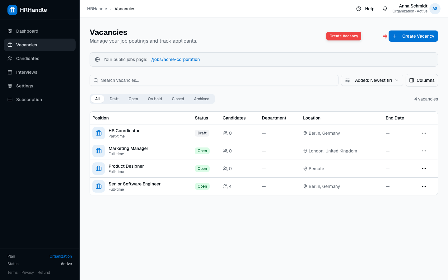 HRHandle vacancies list with the Create Vacancy button highlighted