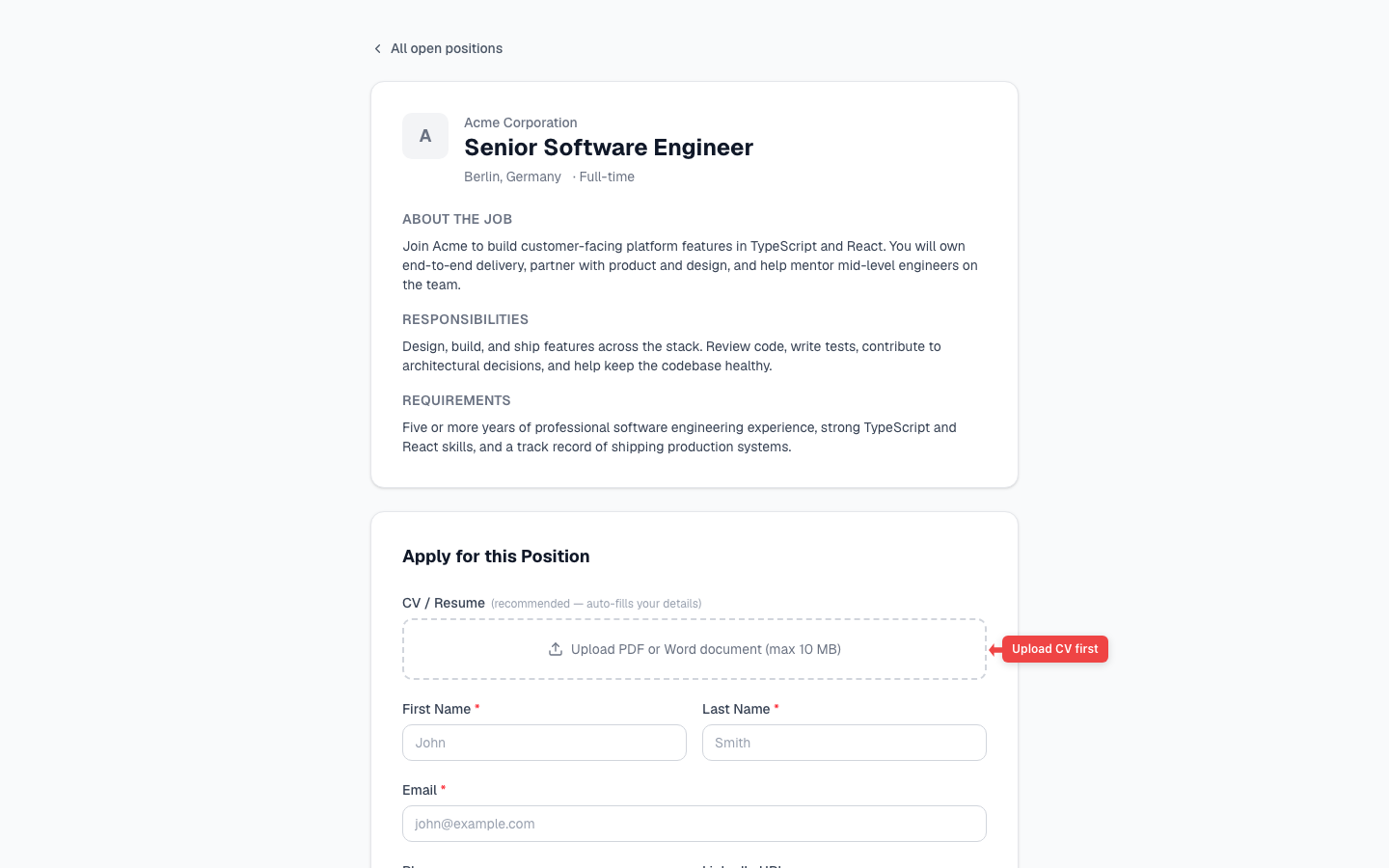 The public apply page showing the CV upload area at the top and personal detail fields below