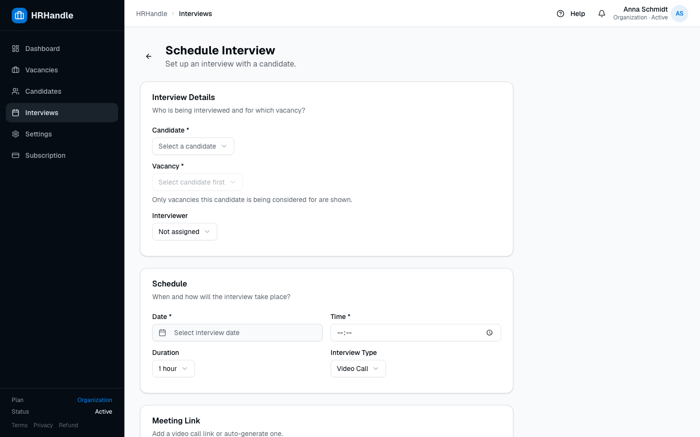 The Schedule Interview form with candidate, vacancy, date, time, duration, type, and meeting link sections